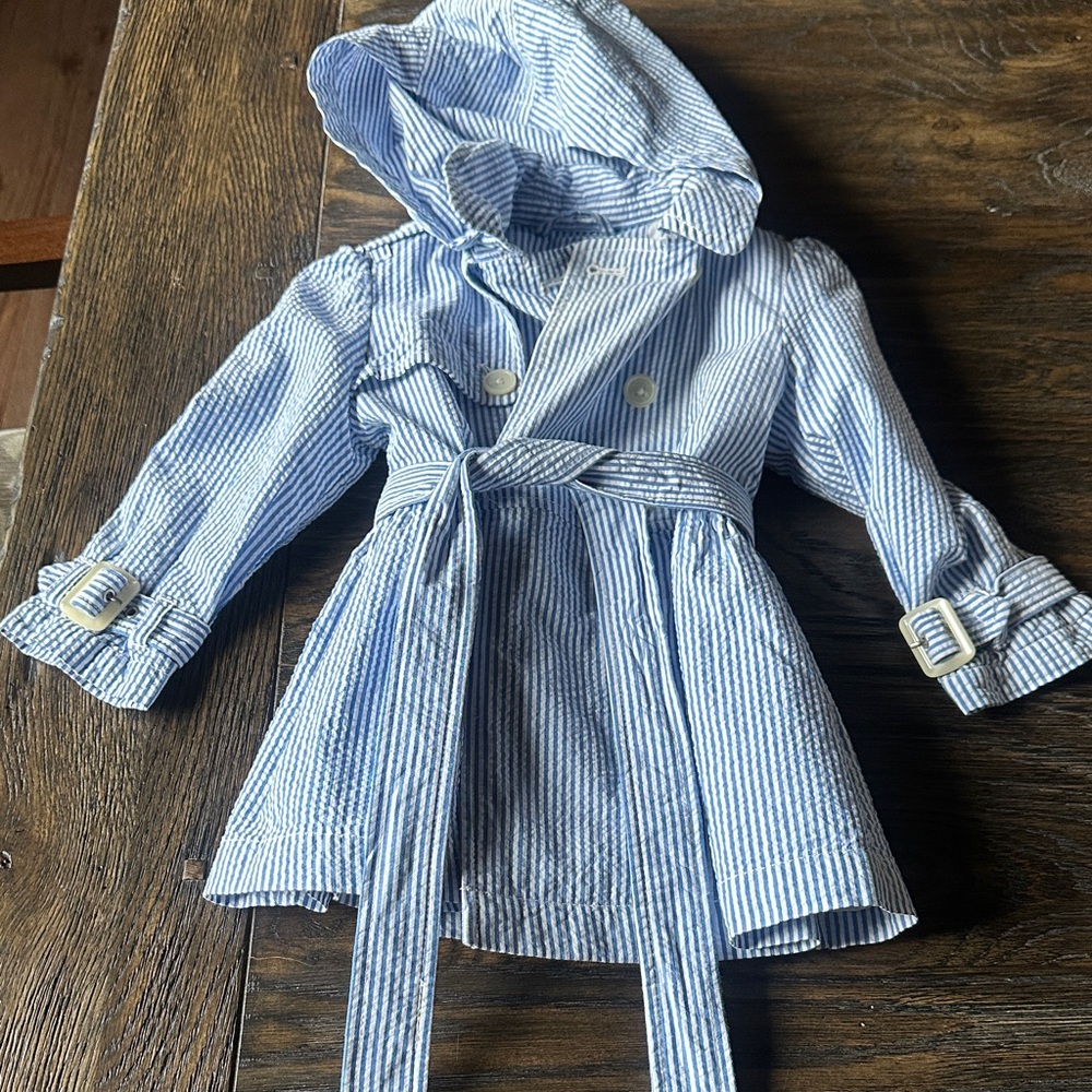 Ralph Lauren Blue and White Striped Kids Pea Coat with Hood